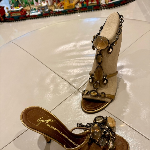 Giuseppe Zanotti Vicini Gold Jeweled Brown Leather Mule Sandals Heels - Picture 5 of 7